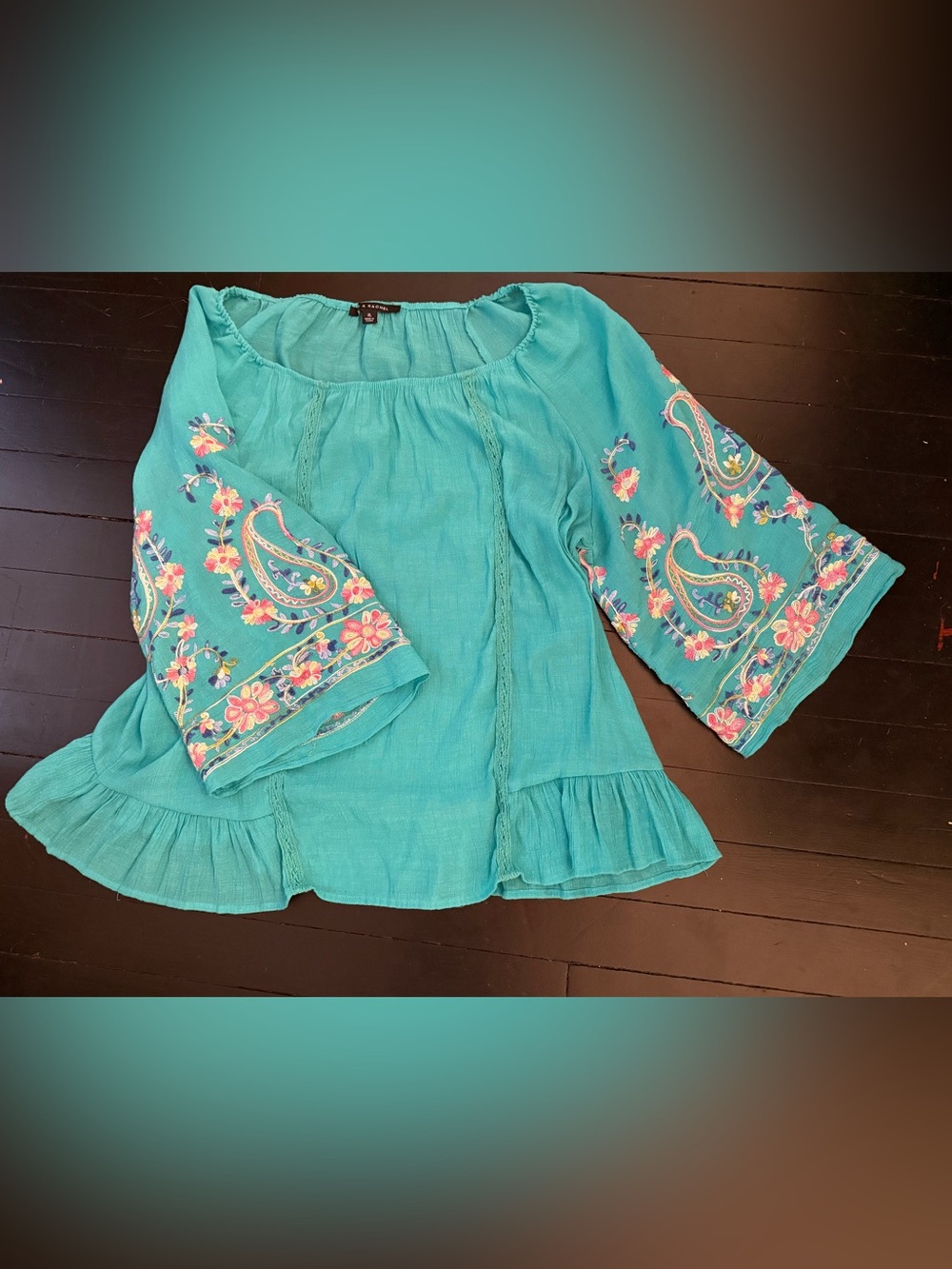 Zac & Rachel Teal Embroidered Boho Tunic Top XL Peasant‎ Sleeve Ruffle Hem